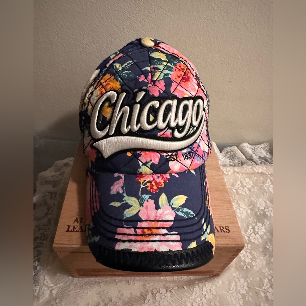 Chicago Navy Floral Baseball Cap, ROBIN RUTH, Quilted Front, Snap Back Adjust
